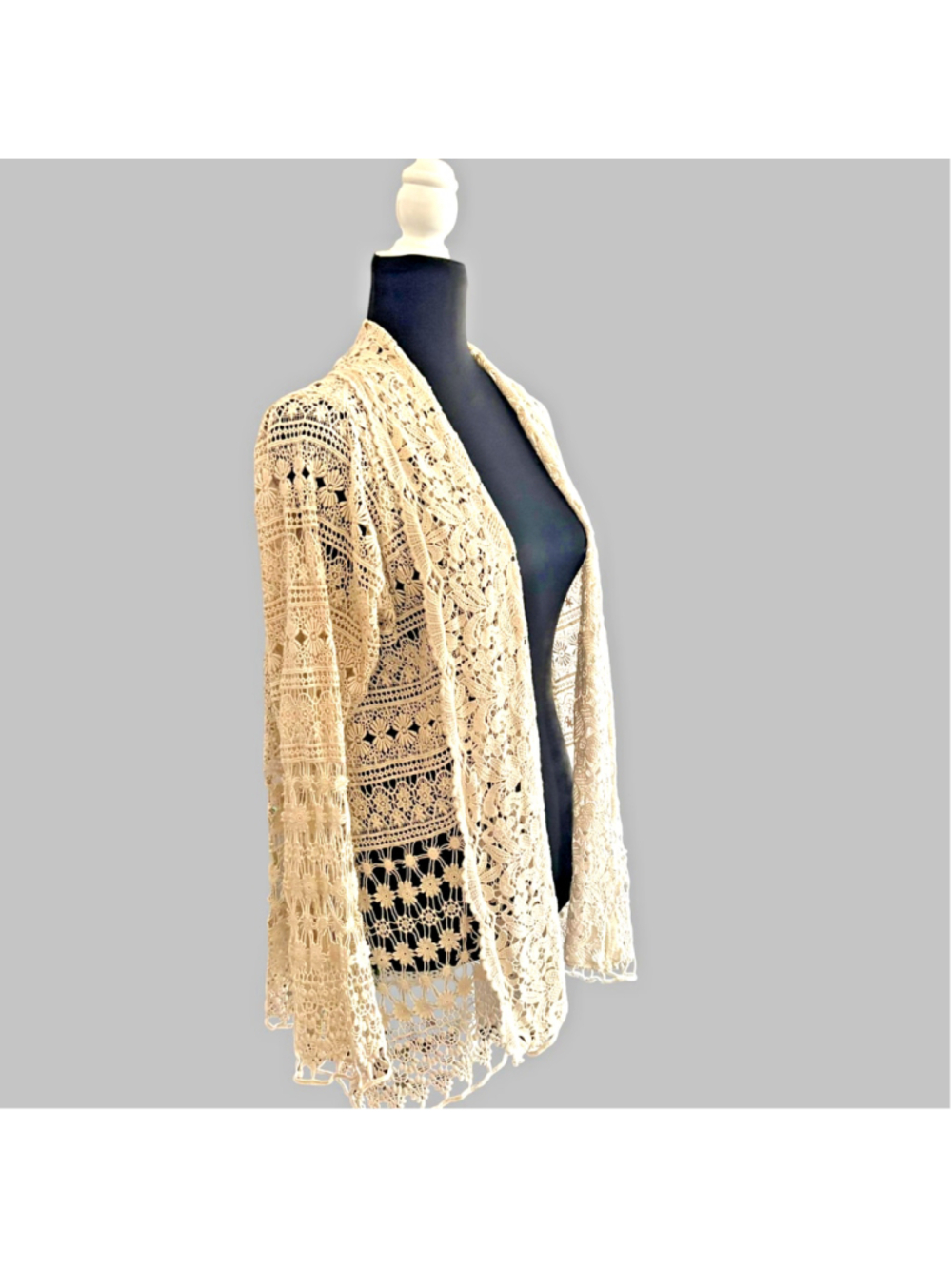Vintage 90s Johnny Was Cream Floral Lace Duster Cardigan S - Picture 1 of 12